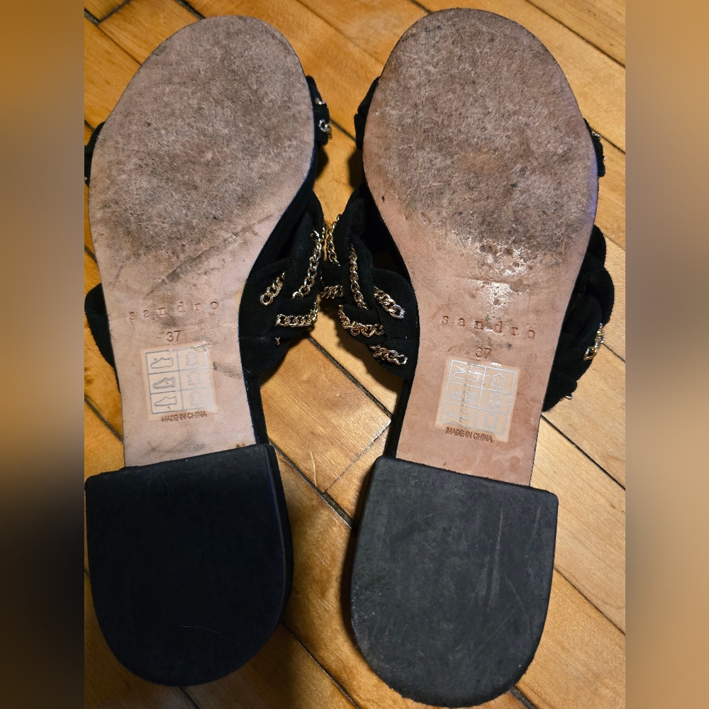 Sandro Chiara Suede Gold Chain Braided Black Slides Size 6.5 View 4